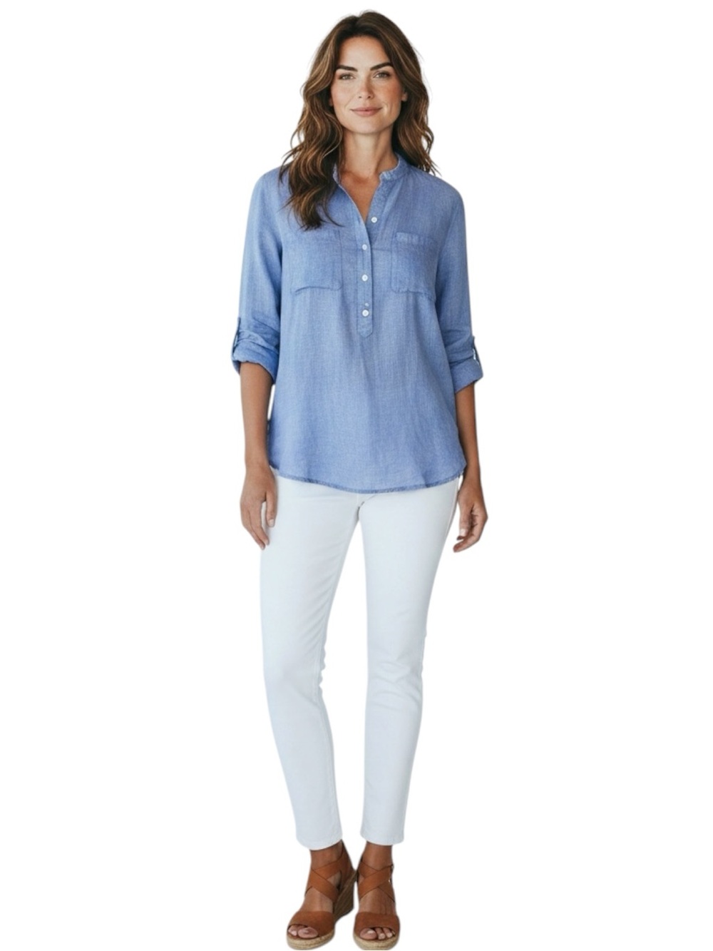 TALBOTS Linen Blend 3/4 Button Pullover Shirt in Blue Size 2X -- COASTAL VIBES!! - Picture 8 of 9